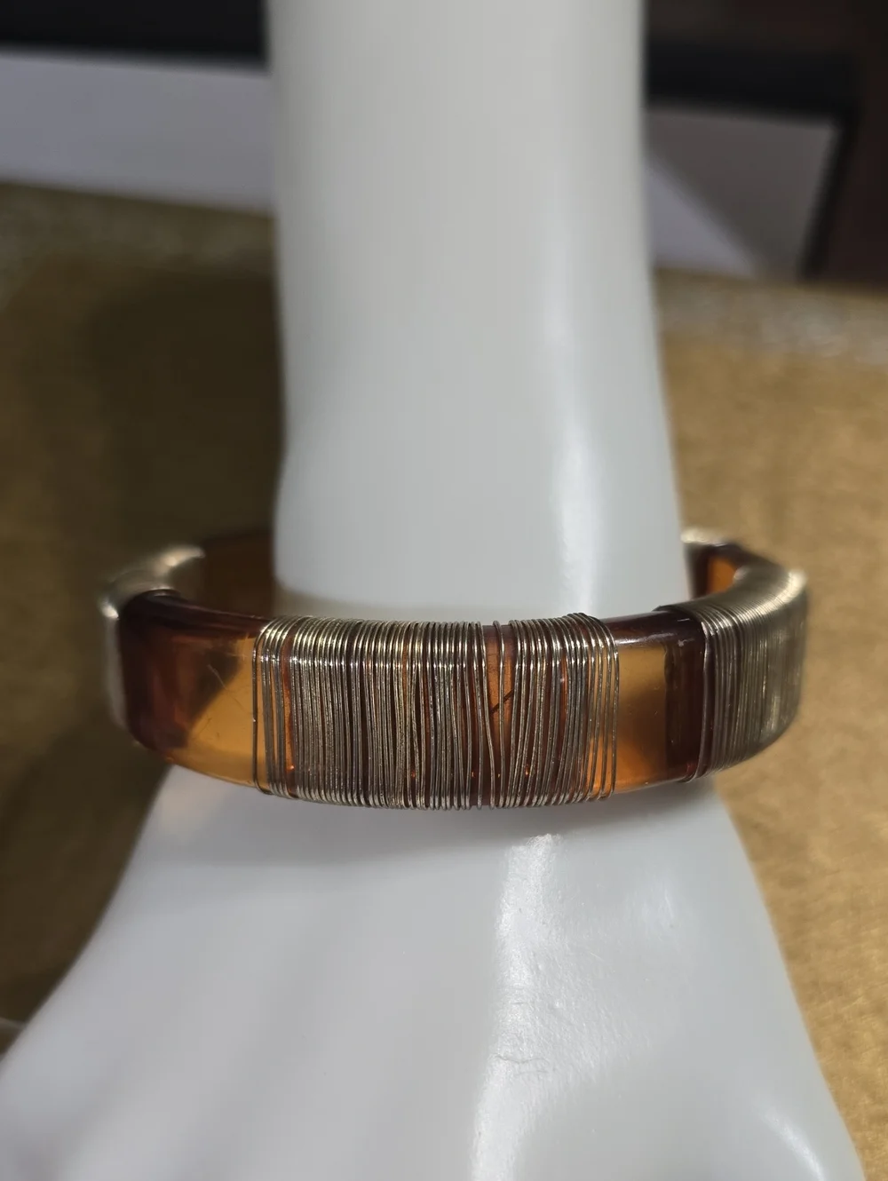 Vintage Amber Tone Lucite Bangle Bracelet with Gold Wire Wrap